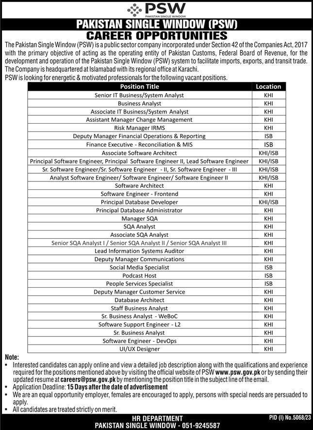 Pakistan Single Window PSW Jobs 2024