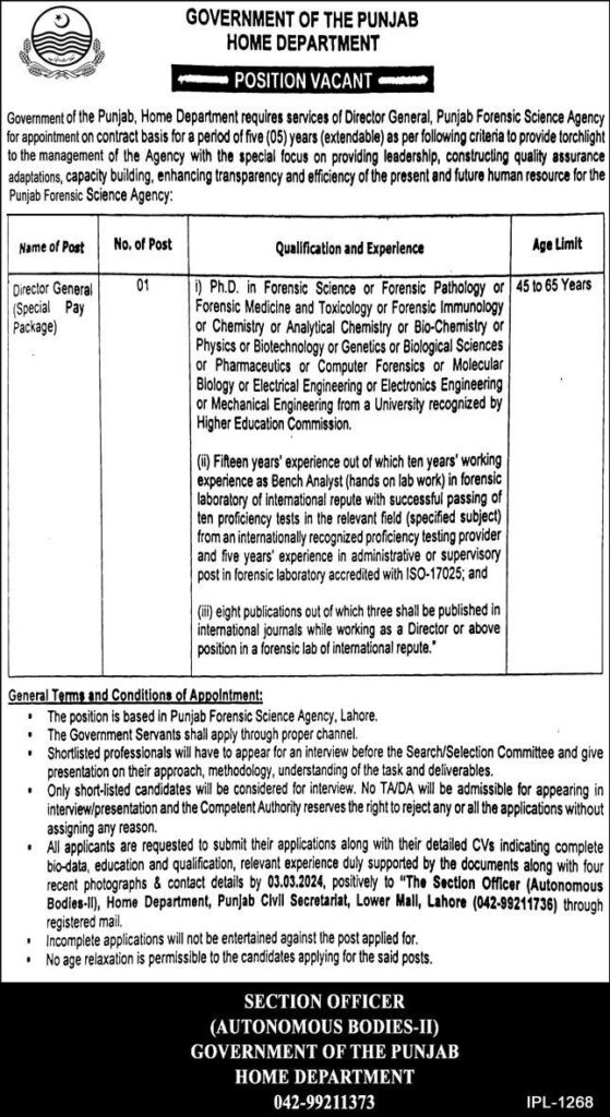 Punjab Forensic Science Agency Lahore Jobs