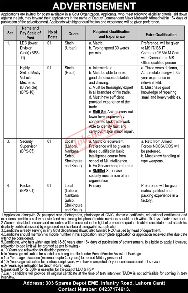 Latest Pak Army 303 Spares Depot EME Jobs 2024