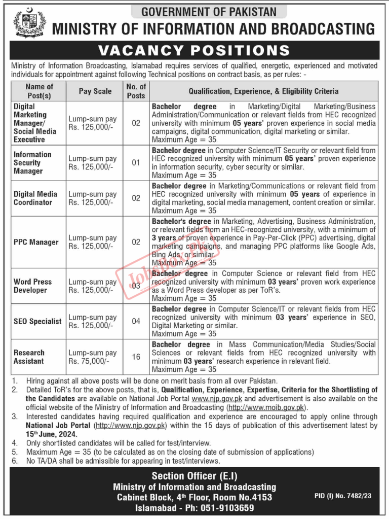 Latest Ministry of Information and Broadcasting Jobs 2024