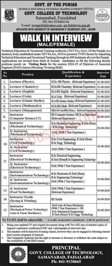 Teaching Jobs in TEVTA